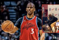 克里斯·保罗在洛杉矶快(kuài)船队为他(tā)举办的(de)迎新活动上(shàng)，激动不已(yǐ)